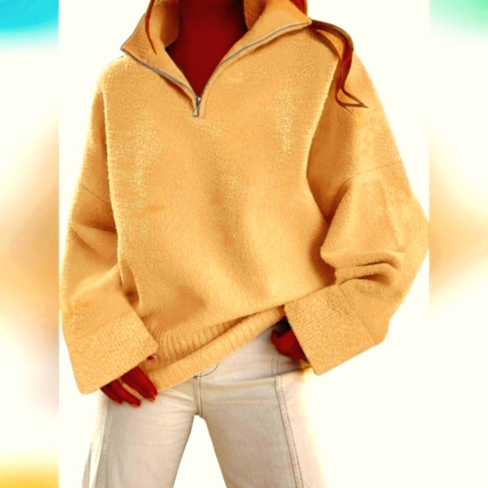 NWT Ladies Tan Boucle Zip Sweater